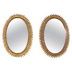 Pair of Sunburst Oval Mirrors in Gilt Iron, Spain, 50's