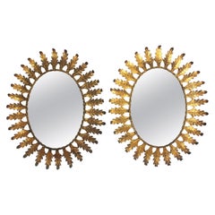 Pair of Oval Sunburst Mirrors in Gilt Iron with Leaves Frame, Spain 1950s