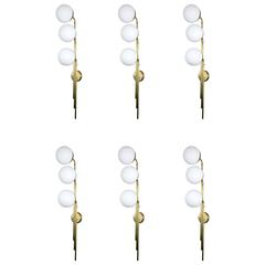 Set of Six Tall Brass and Globe Wall Sconces 9