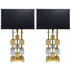 Geometric Pair of Brass and Wood Lamps