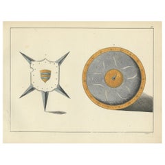 19th-Century Hand-Coloured Lithograph of Ornate Spiked and Circular Shields