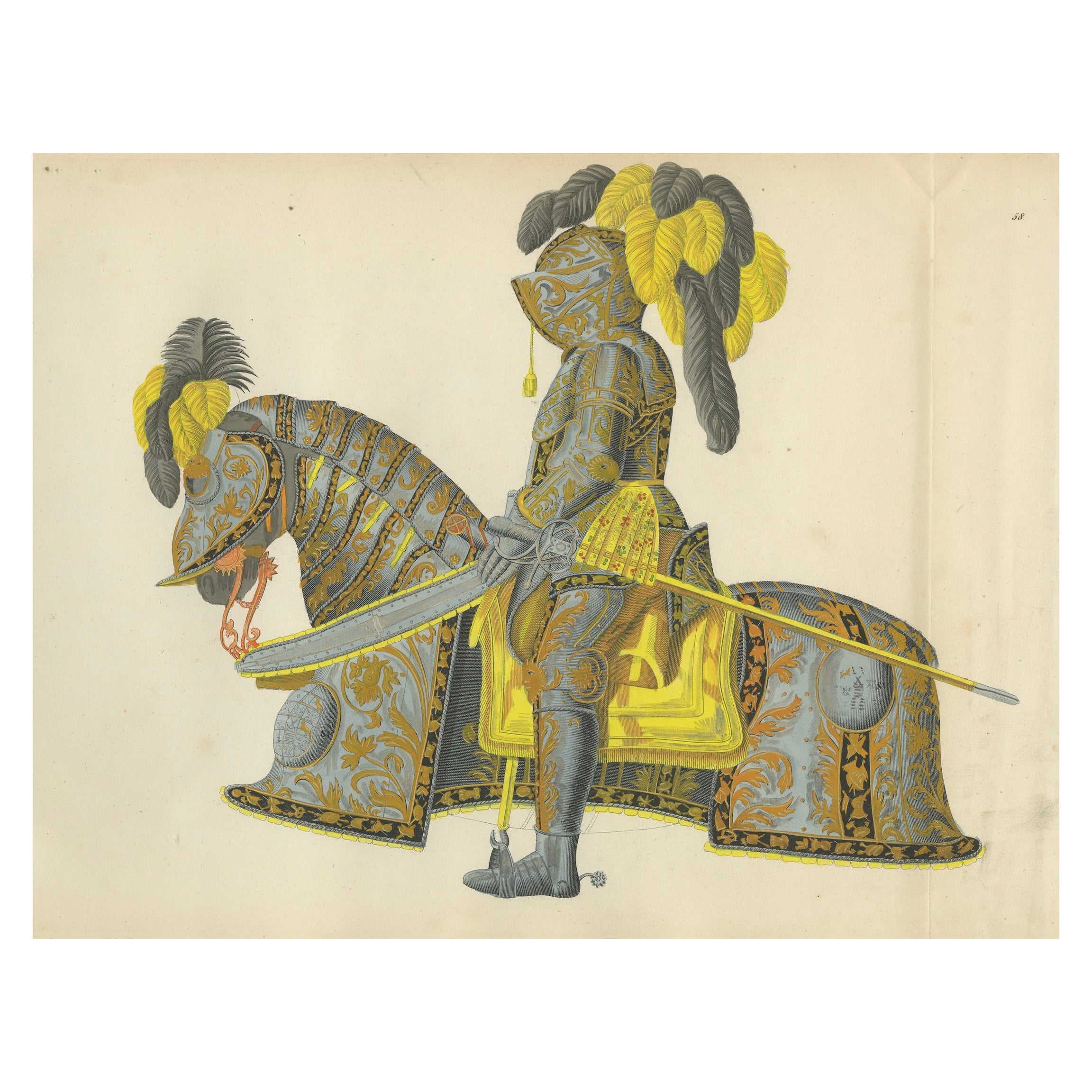 Caballero con armadura de torneo sobre un caballo elaboradamente enjaezado, litografía de 1842