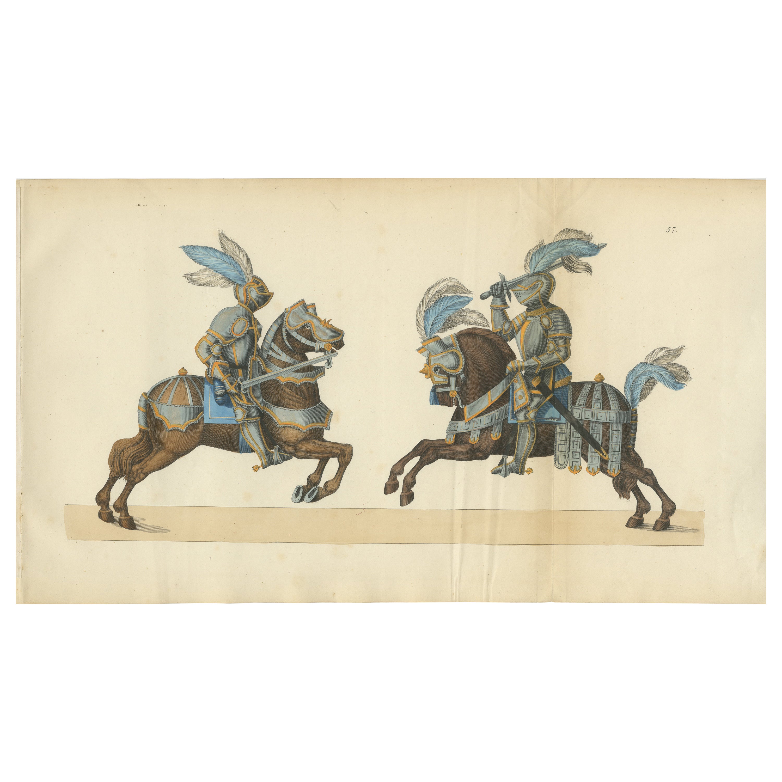Hand-Coloured Litho of Knights in Jousting Armor on Caparisoned Horses, 1842