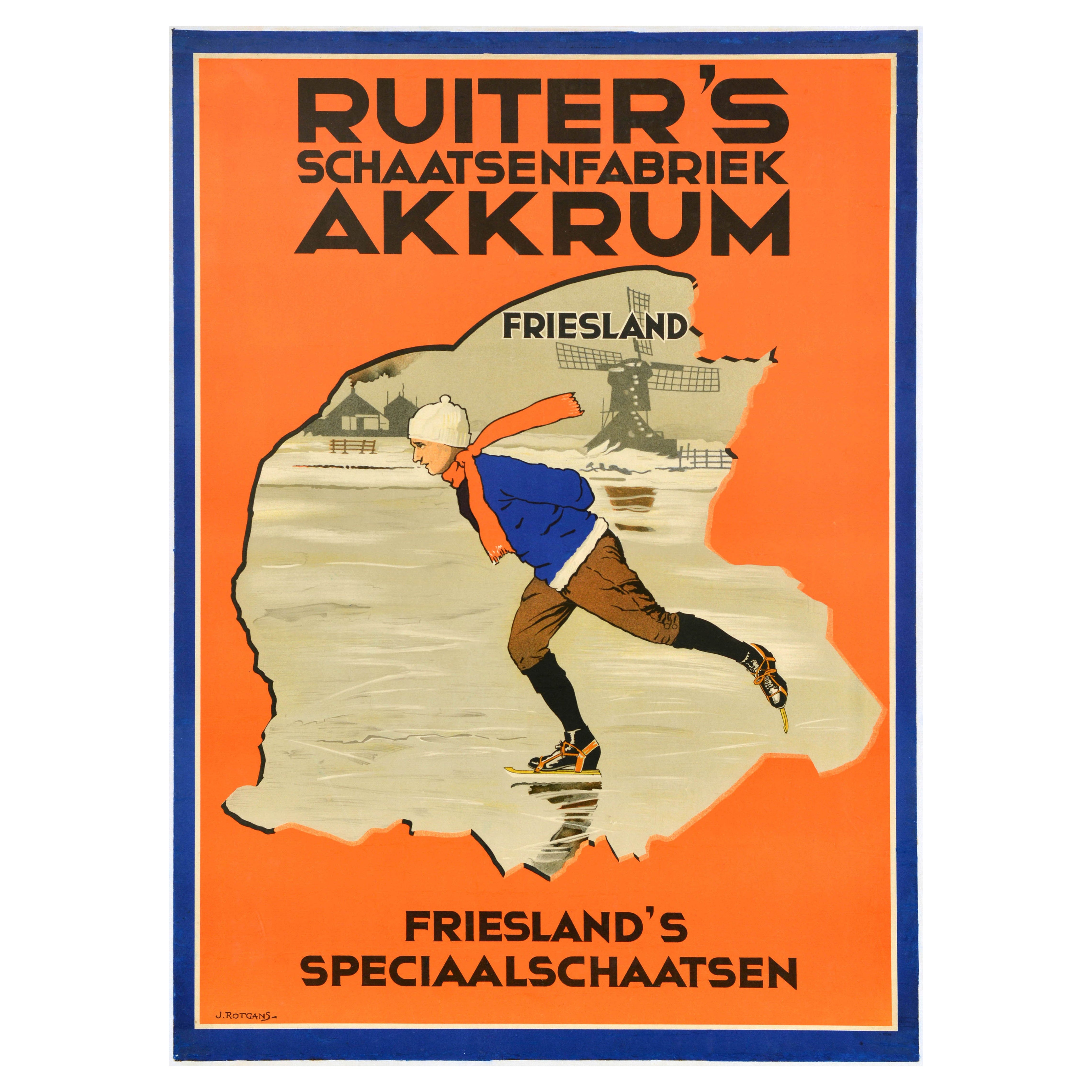 Original Antique Poster Ruiter Ice Skating Factory Friesland Special Skates For Sale