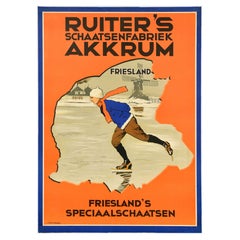 Affiche d'origine ancienne patineuse de patinage sur glace Friesland Special Skates