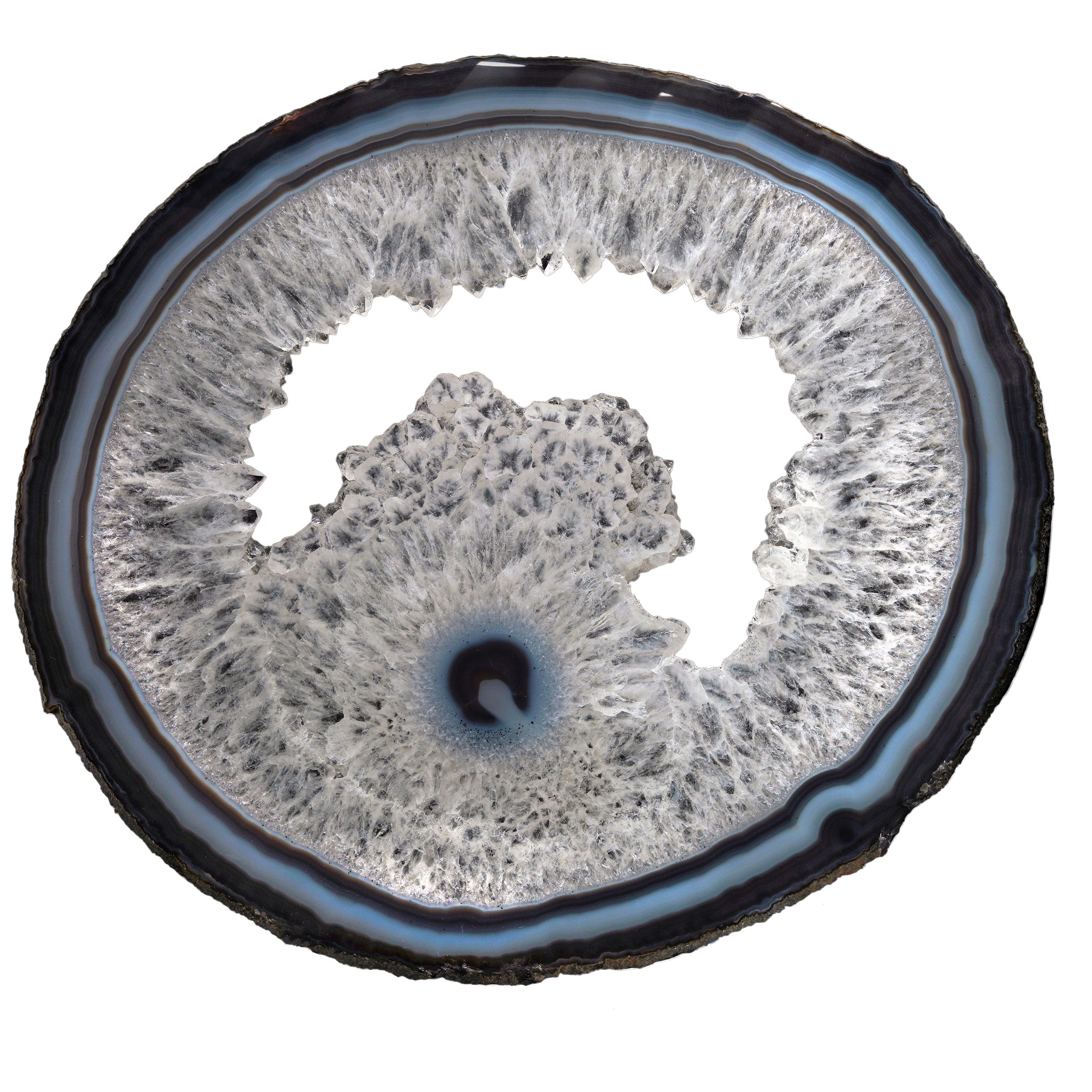 Fetta di geode di agata lucidata con centro di quarzo - 2,97 lb in vendita