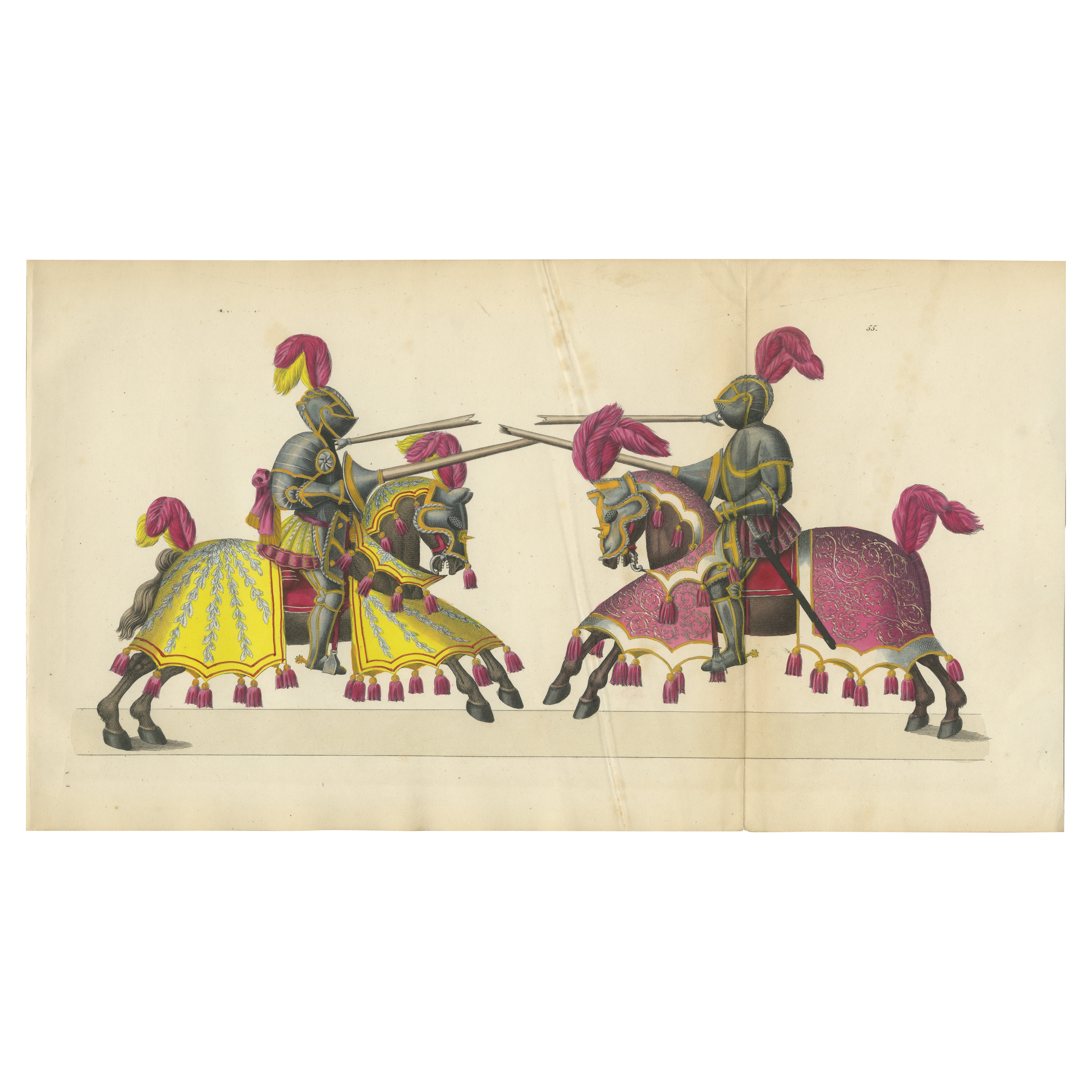 Magnificent Jousting Tournament Print with Handcoloured Knights and Horses, 1842