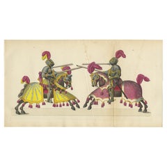 Magnifique impression d'un tournoi de joue avec chevaux et chevaux colorés à la main, 1842