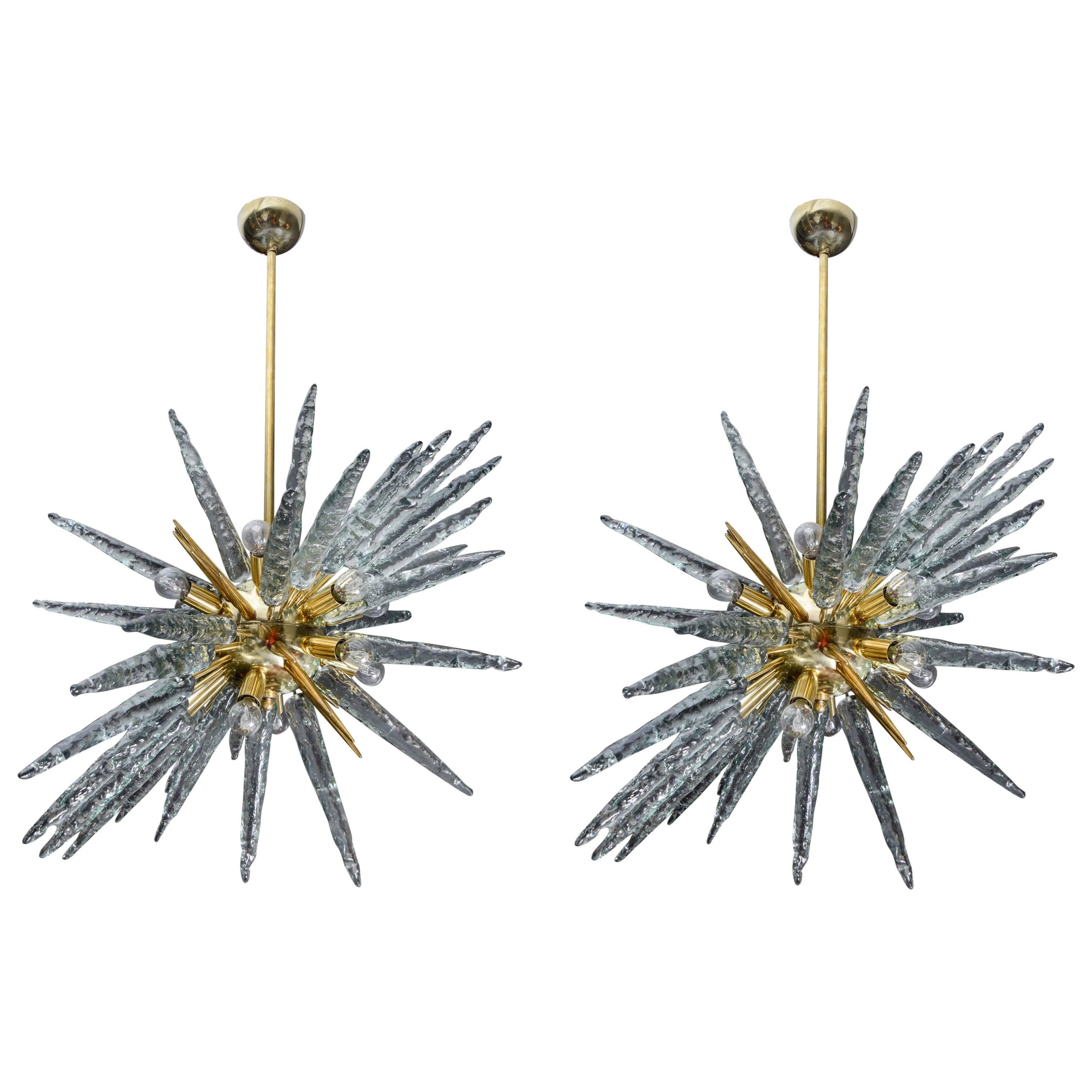 Pair of Brass and Murano Glass Sputnik Chandeliers