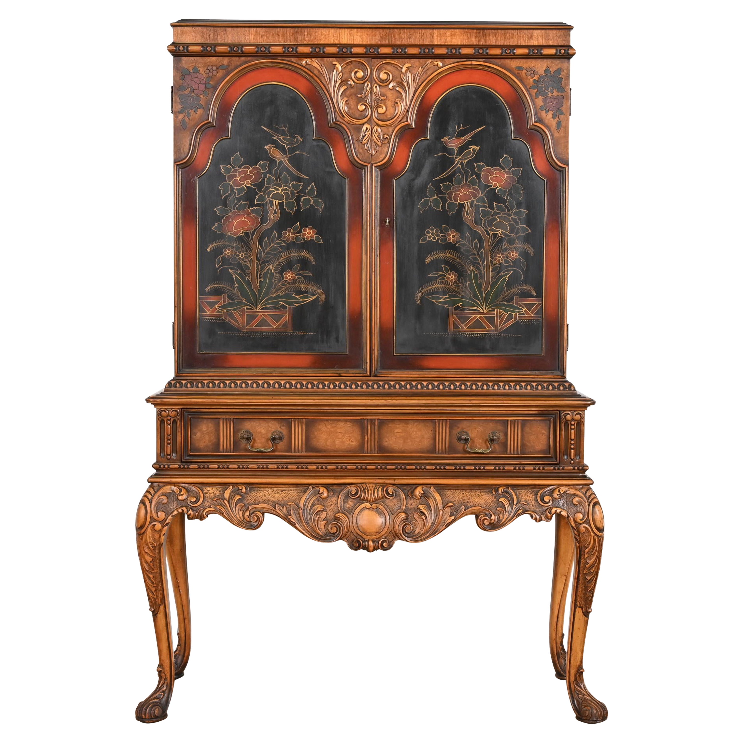 Berkey & Gay Antique Georgian Chinoiserie Burled Walnut and Painted Bookcase