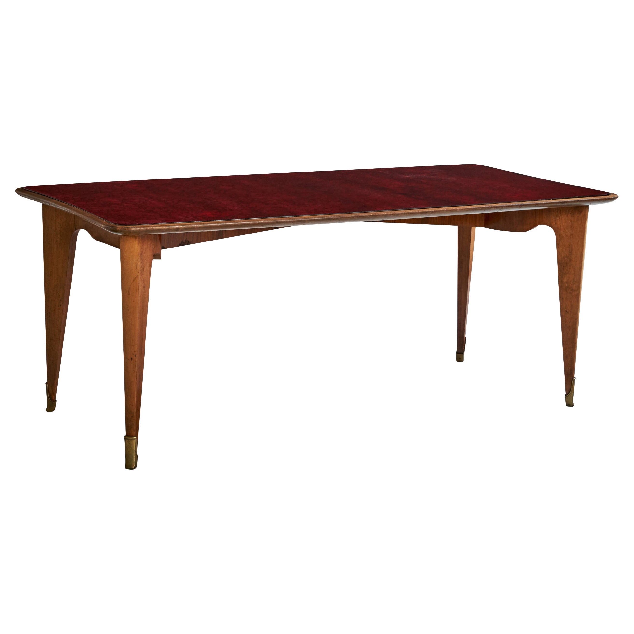 Tavolo da pranzo di design italiano, Wood, vetro, ottone, Italia, anni '50