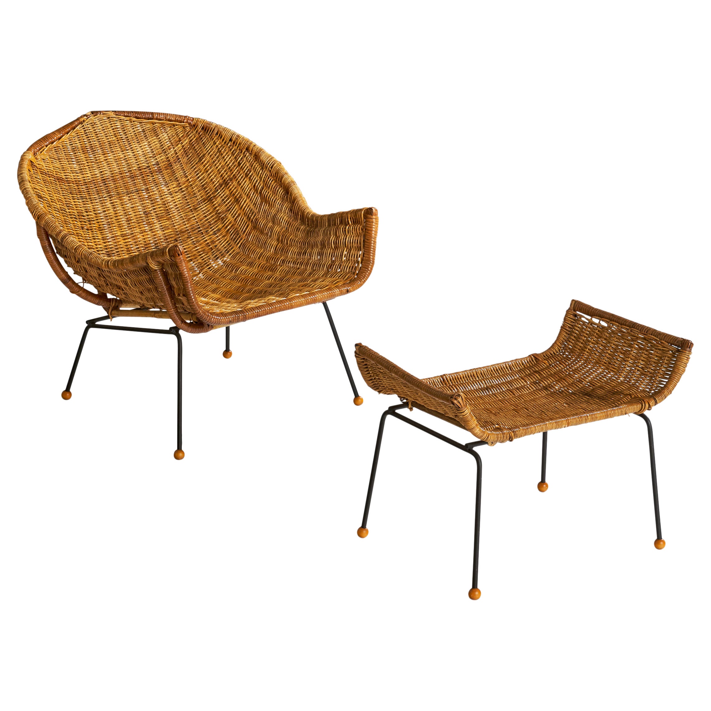 American Designer, Lounge Chair with Ottoman, Iron, Rattan, Wood, USA, 1950s