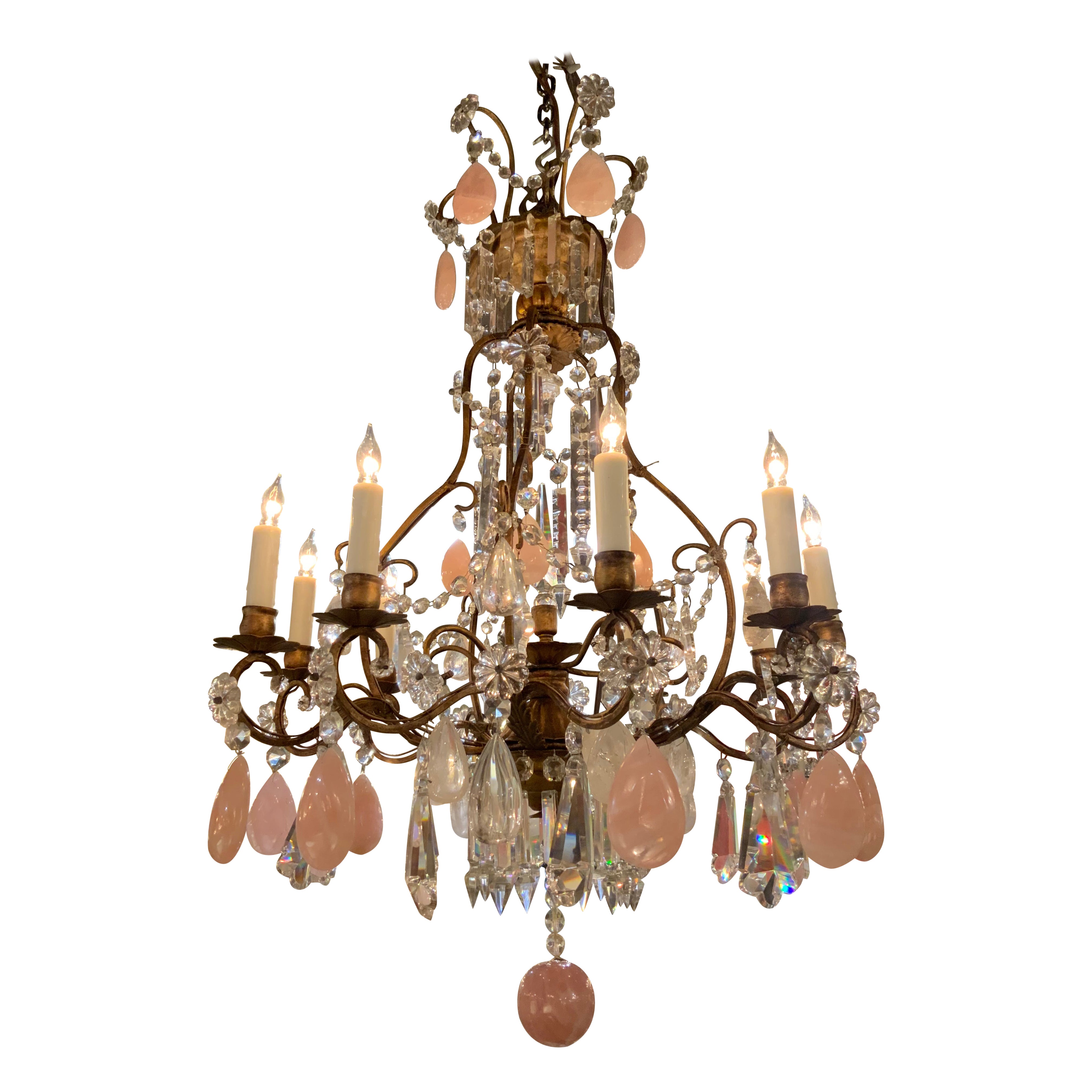 Lampadario in cristallo italiano, quarzo rosa e cristallo di rocca con 10 luci
