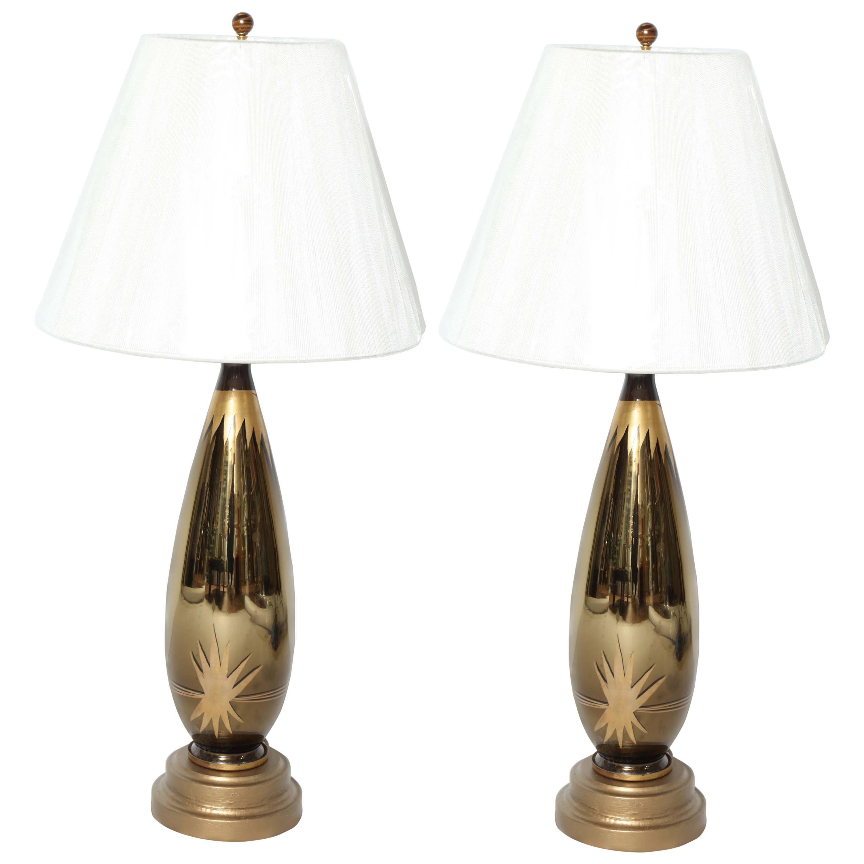 Art Deco Black Glass Lamps with Gold Mercury Starburst