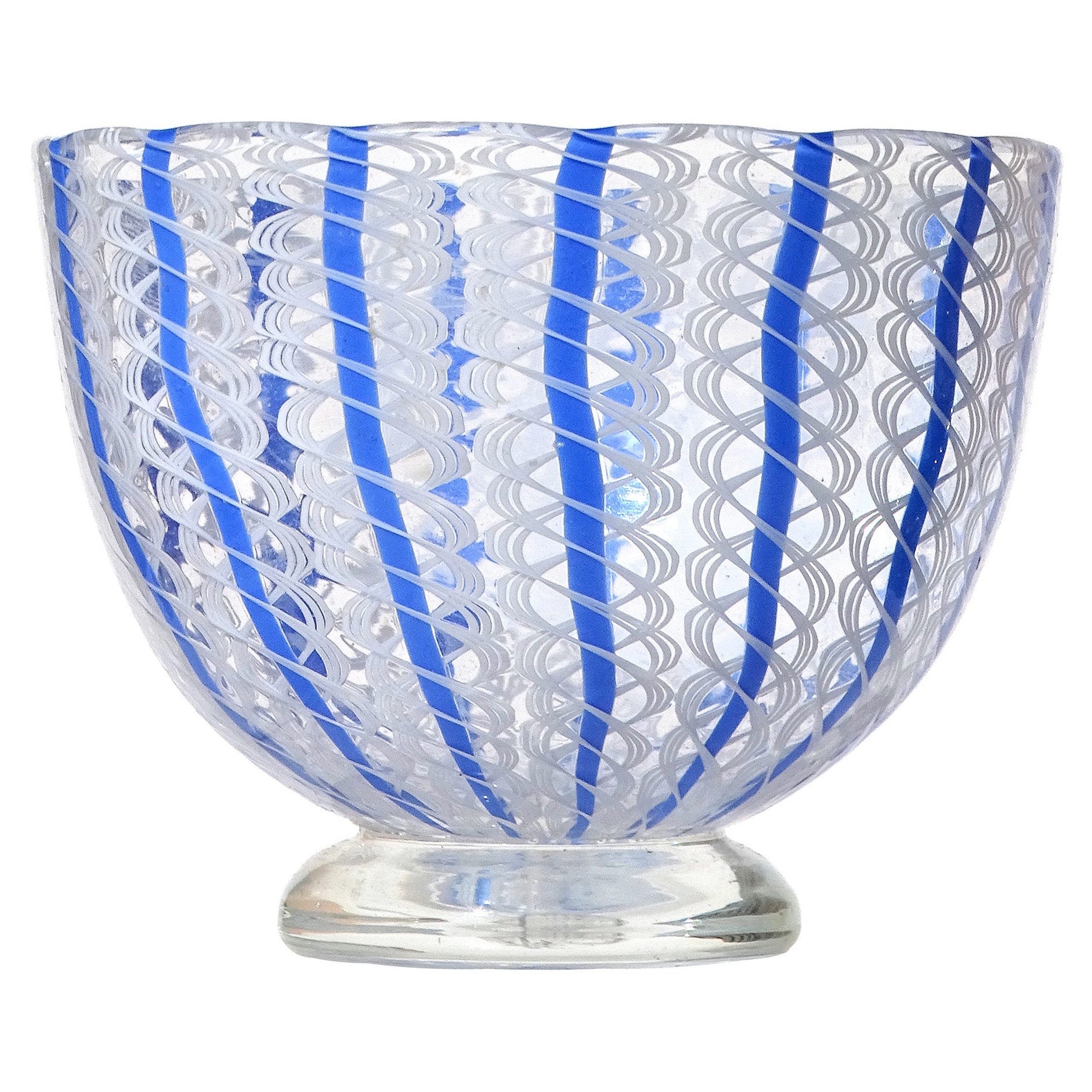 Archimede Seguso Murano Blu Bianco Nastri Zanfirico Ciotola in Vetro d'Arte Italiano Piatto
