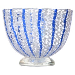 Archimede Seguso Murano Blu Bianco Nastri Zanfirico Ciotola in Vetro d'Arte Italiano Piatto
