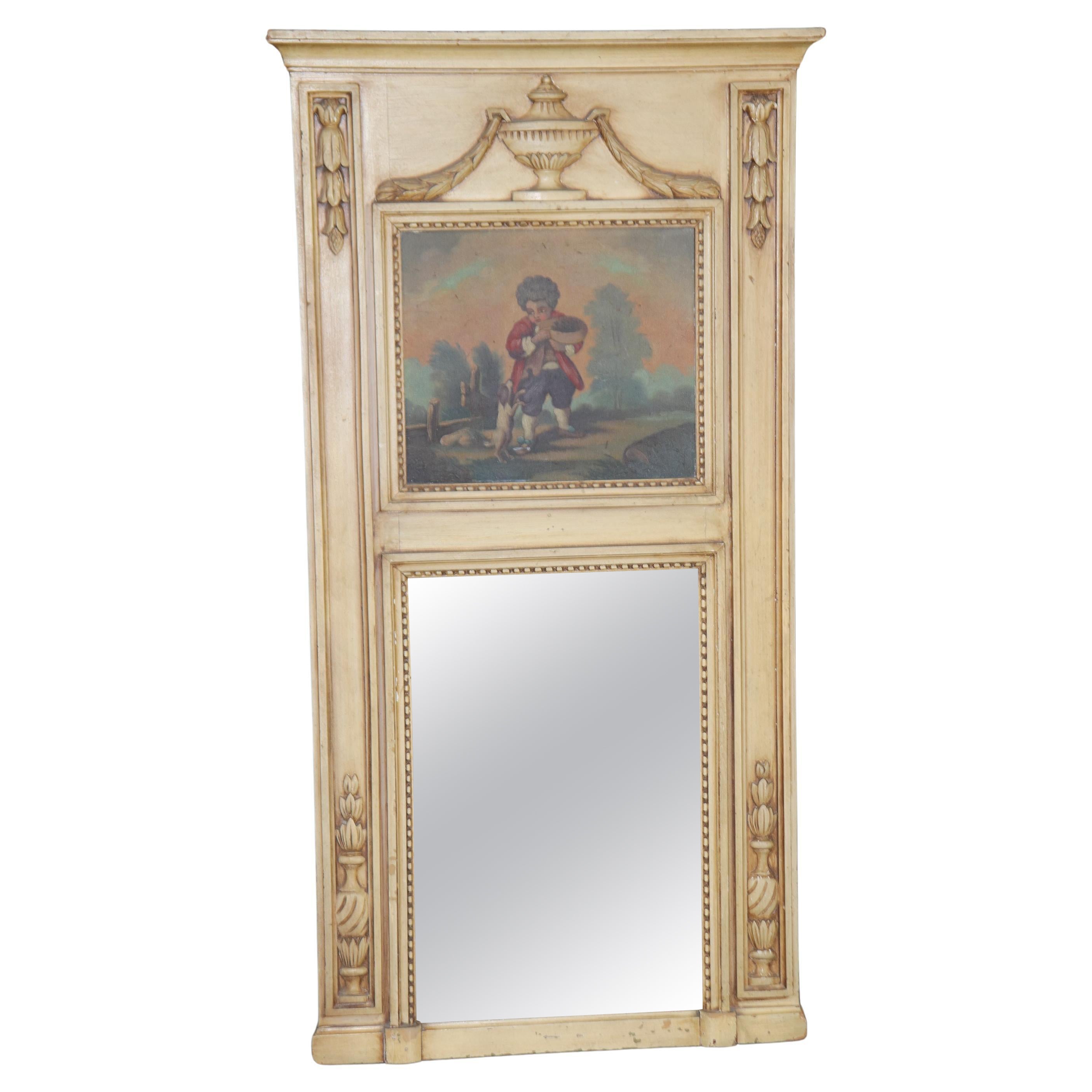 Gorgeous French Creme Painted Carved Trumeau Mirror With Boy and his Dog