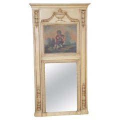Gorgeous French Creme Painted Carved Trumeau Mirror With Boy and his Dog