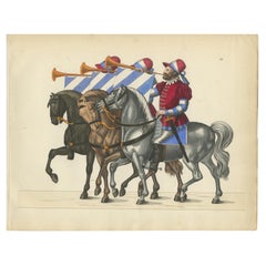 19th-Century Hand-Coloured Print of a Procession with Horses and Trumpets