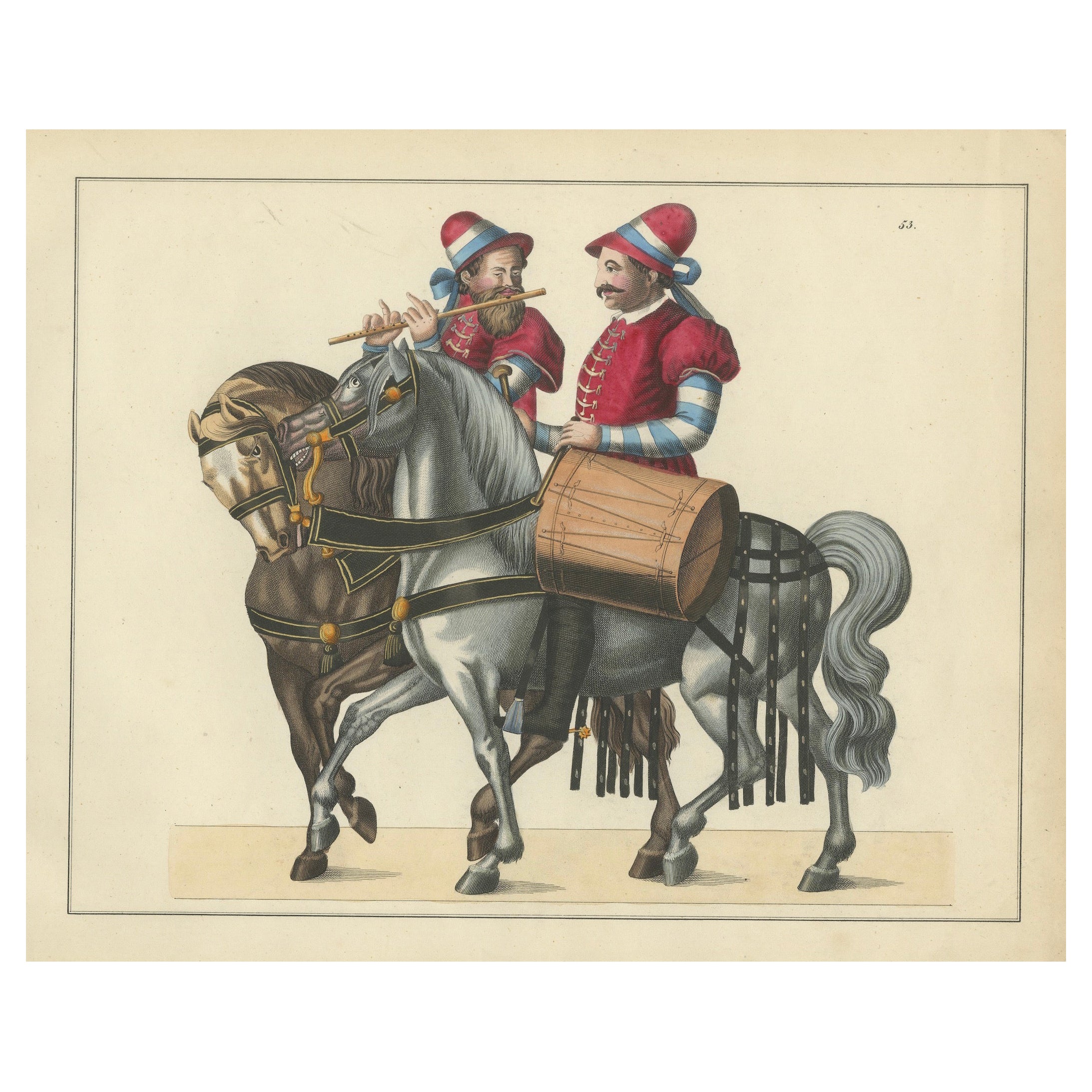 19th-Century Hand-Coloured Print of Medieval Musicians on Horseback