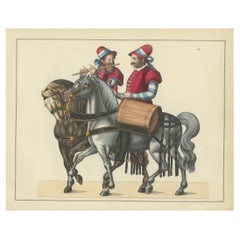 Antique 19th-Century Hand-Coloured Print of Medieval Musicians on Horseback