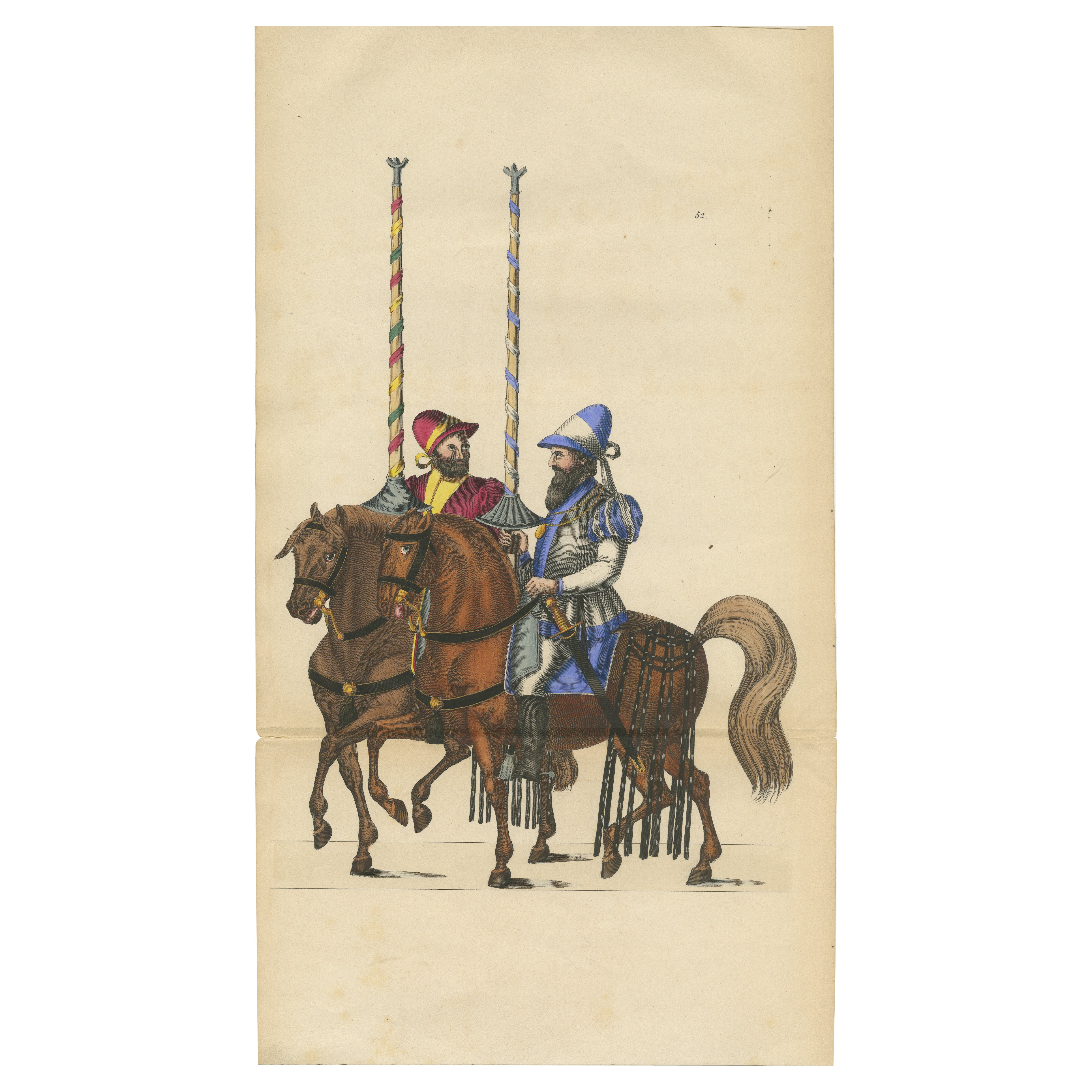 Handkolorierte Lithographie mittelalterlicher Reiter mit festlichen Standards, 1842