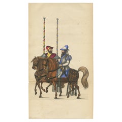 Lithographie sculptée à la main représentant des chevaux médiévaux avec des normes festives, 1842