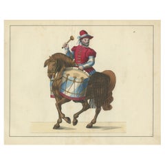Antique 19th-Century Hand-Coloured Print of a Drummer on Horseback in Medieval Attire
