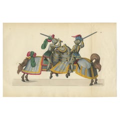 Hand-Coloured Print of Armoured Knights in Close-Combat Horseback Duel, 1842