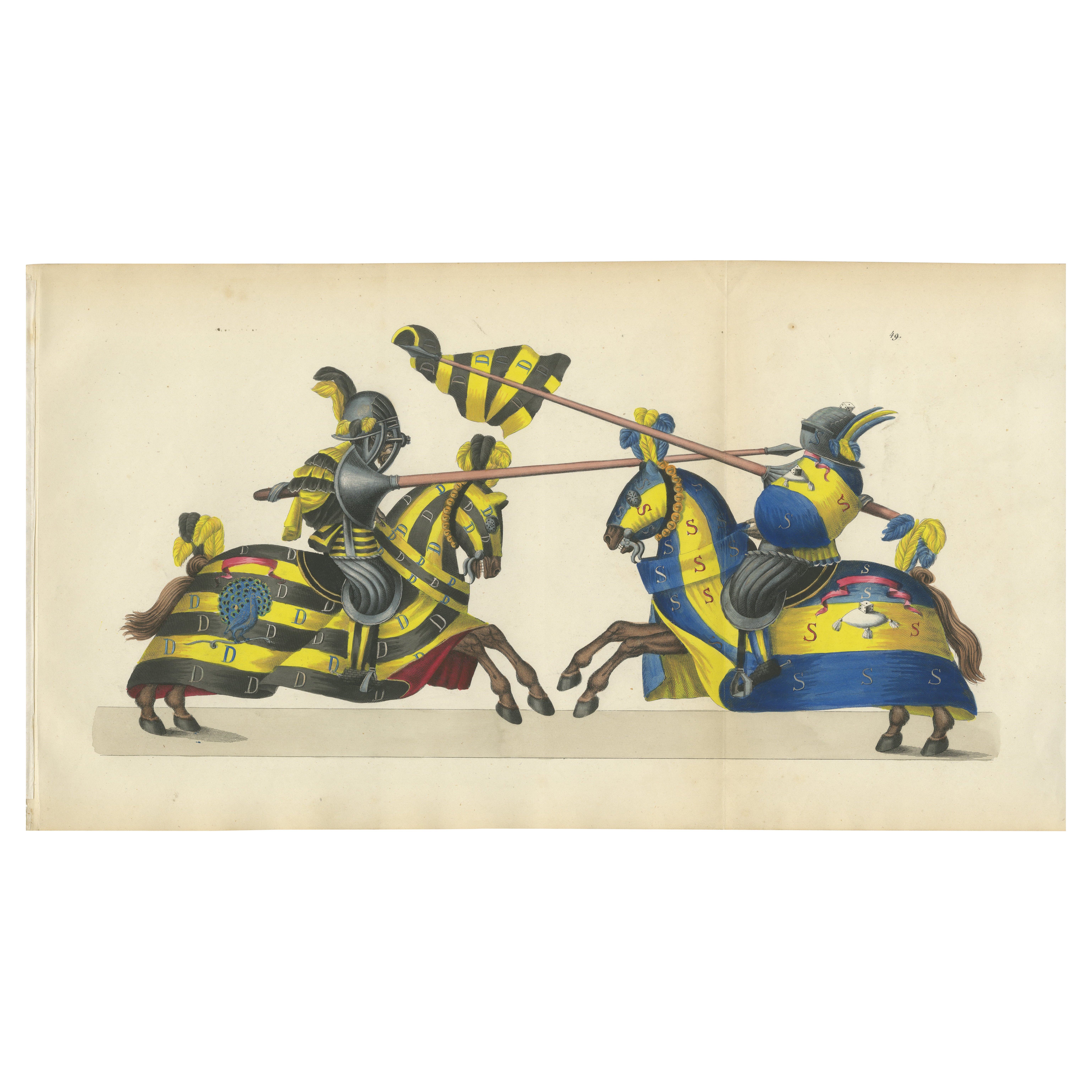 Estampa de justa caballeresca coloreada a mano: Caballos y armaduras heráldicas vibrantes, 1842