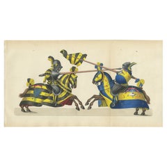 Estampa de justa caballeresca coloreada a mano: Caballos y armaduras heráldicas vibrantes, 1842