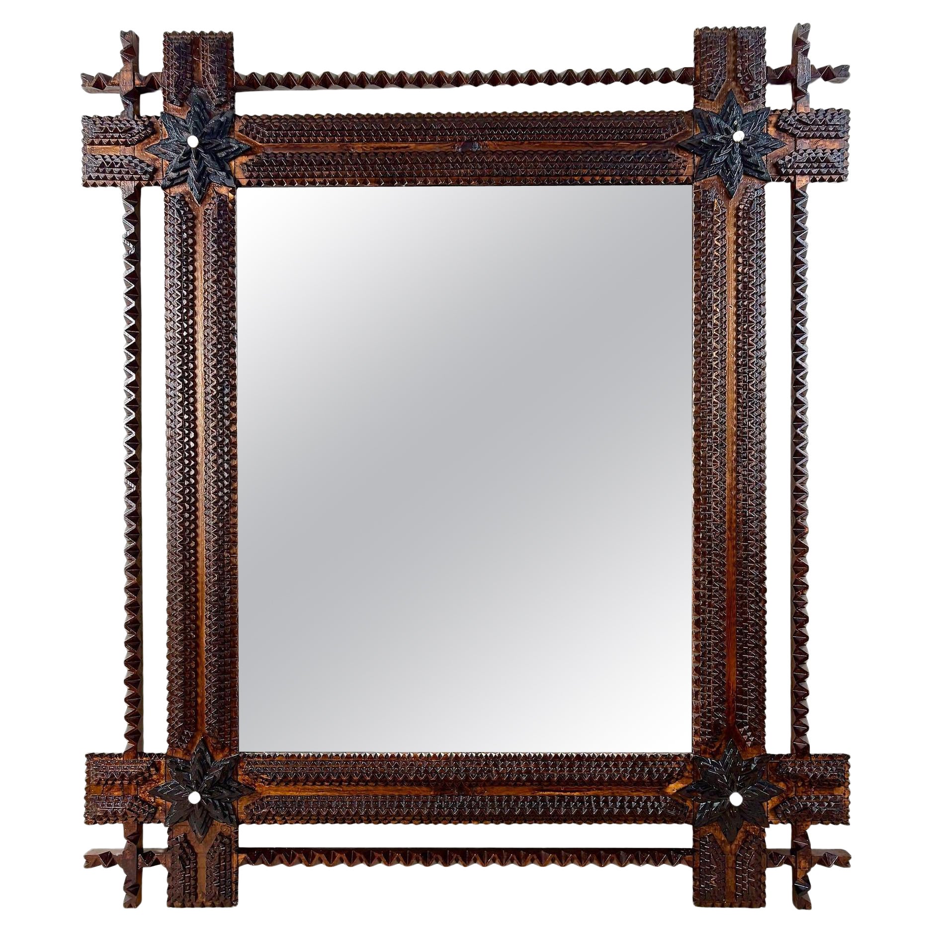 20th Century Rustic Tramp Art Mirror With Stars, Notch Cut, AT ca. 1900