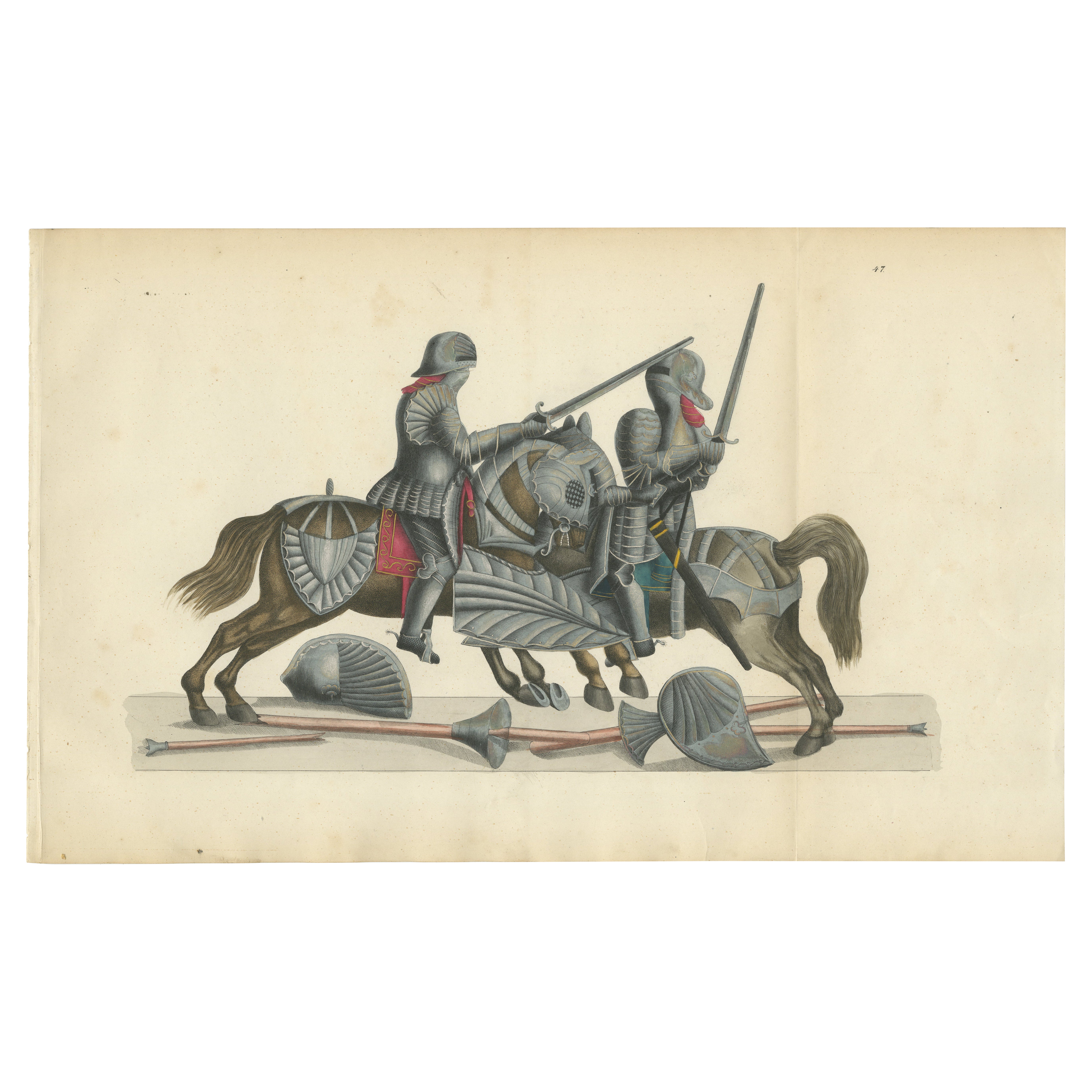 Hand-Coloured Lithograph of Knights in Aftermath of a Broken Lance Duel, 1842