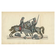 Hand-Coloured Lithograph of Knights in Aftermath of a Broken Lance Duel, 1842