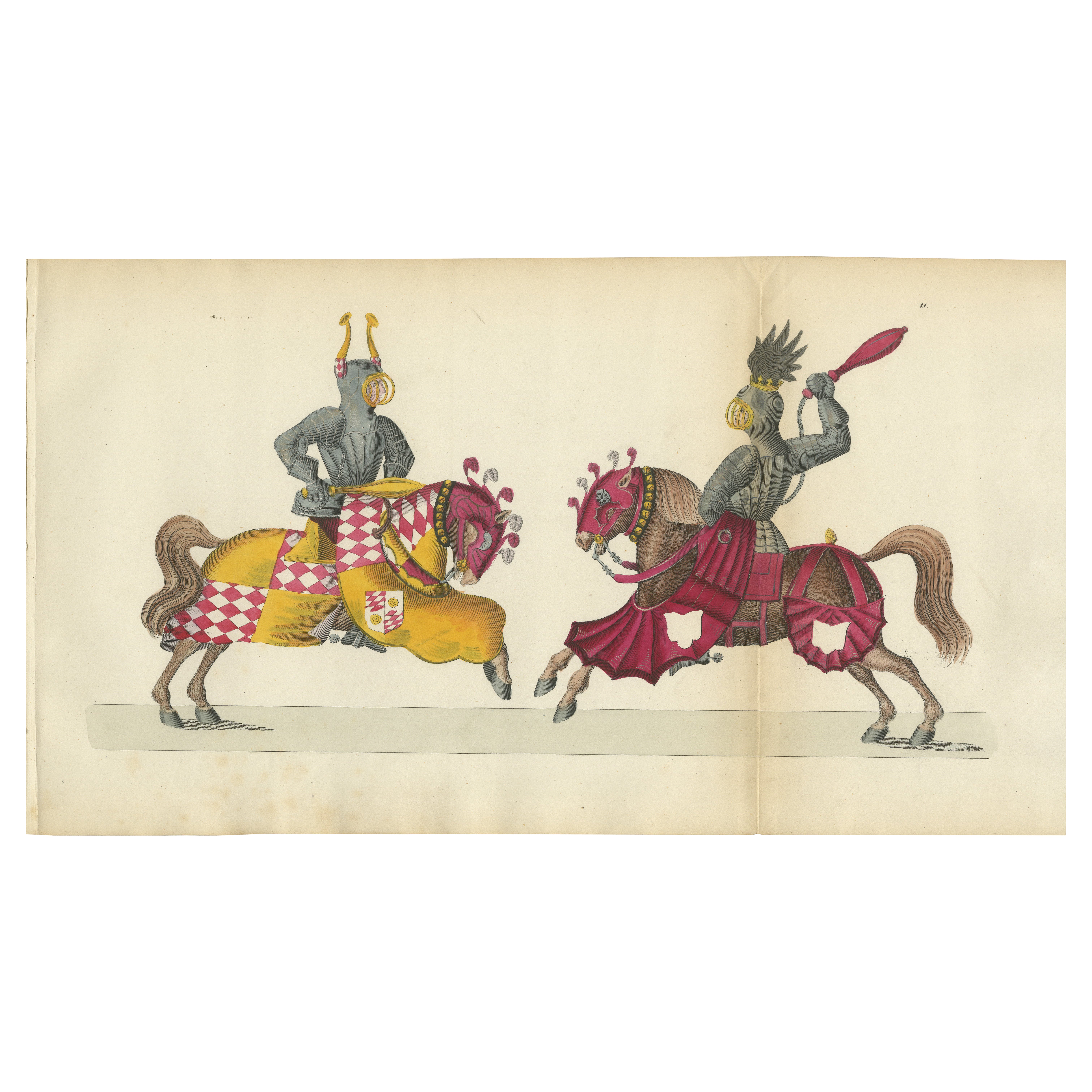 Litografía coloreada a mano del siglo XIX de un combate caballeresco con caballos heráldicos