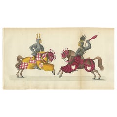 Litografía coloreada a mano del siglo XIX de un combate caballeresco con caballos heráldicos