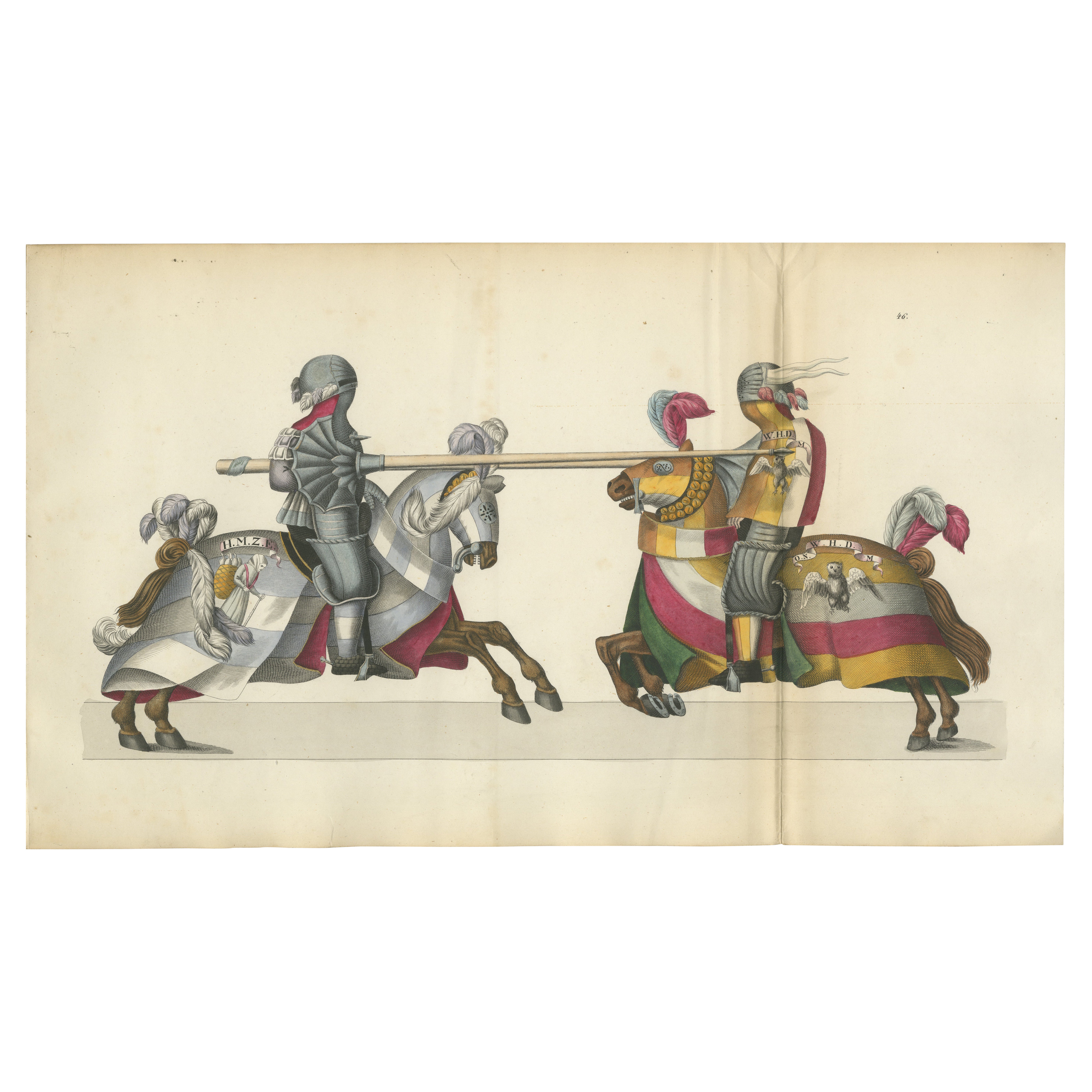 19th-Century Hand-Coloured Jousting Print: Heraldic Knights Charging in Contest