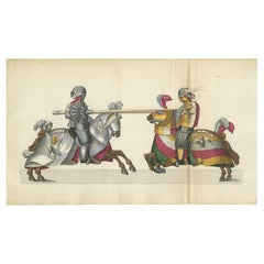 Impression de Jous du 19e siècle, collectionnée à la main : Chevaliers héraldiques se formant en concours