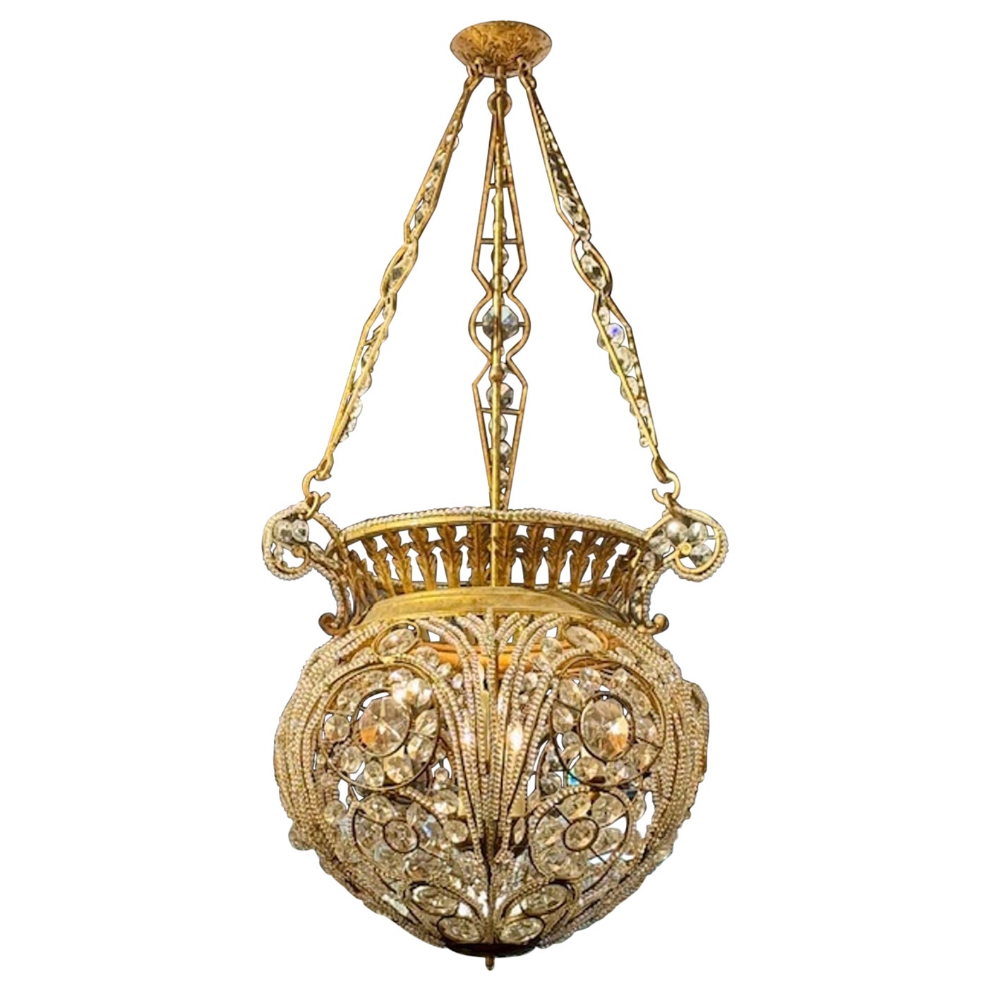 Large Scale Italian Crystal and Gilt Metal Basket Chandeliers