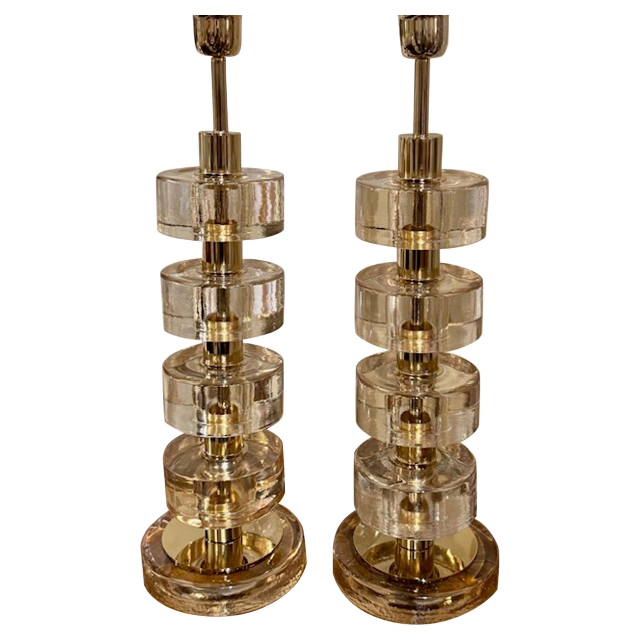Pair of Modern Gold Murano Glass and Brass Disc Lamps