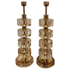 Pair of Modern Gold Murano Glass and Brass Disc Lamps