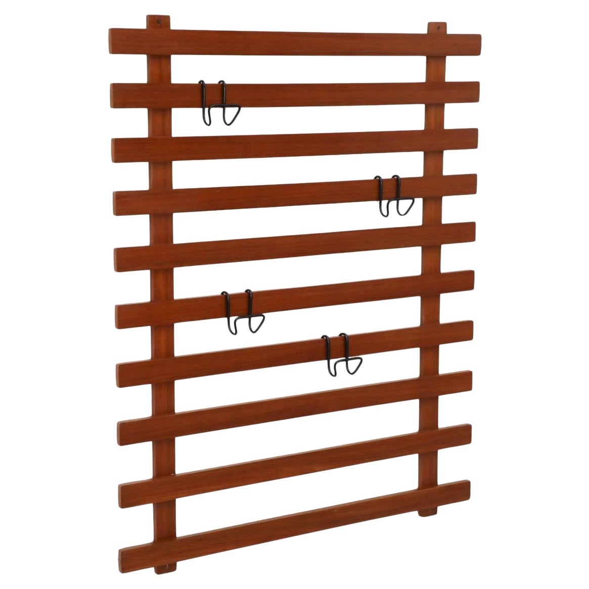Mid-Century Italian Dark Teak Slatted Wall Standing Coat Rack with Hooks