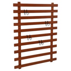 Mid-Century Italian Dark Teak Slatted Wall Standing Coat Rack with Hooks