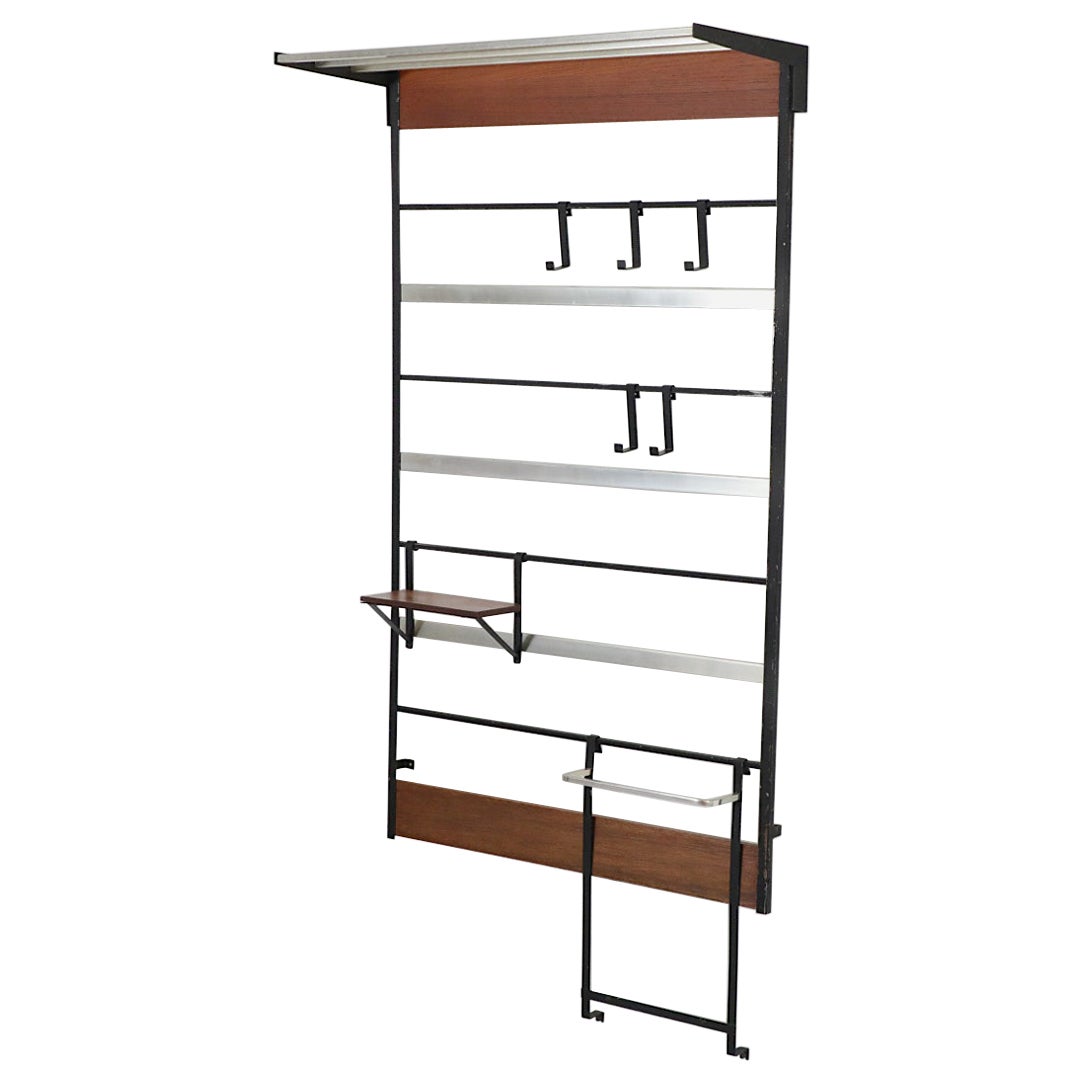 Mid-Century Teak Slatted Wall Mount Coat Rack with Black Enameled Wire Hooks