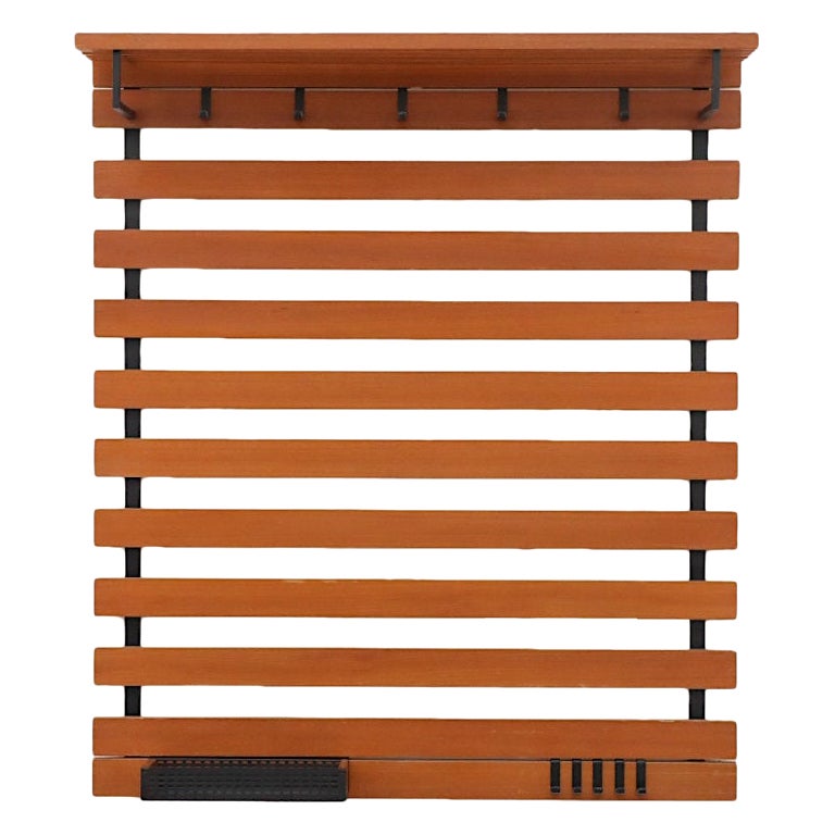 Mid-Century Teak Slatted Wall Mount Coat Rack with Upper Shelf, Hooks & Key Tray