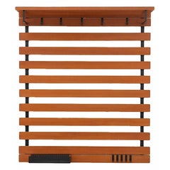 Mid-Century Teak Slatted Wall Mount Coat Rack with Upper Shelf, Hooks & Key Tray