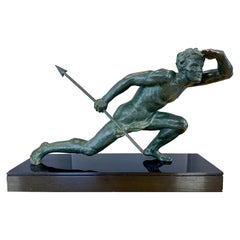 Alexandre Ouline “Le Guetteur au Javelot” Verdigris Bronze Sculpture, c. 1930