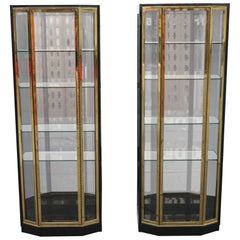 Vintage Pair of Black Lacquered and Brass Display Cabinets by Henredon, 1970s