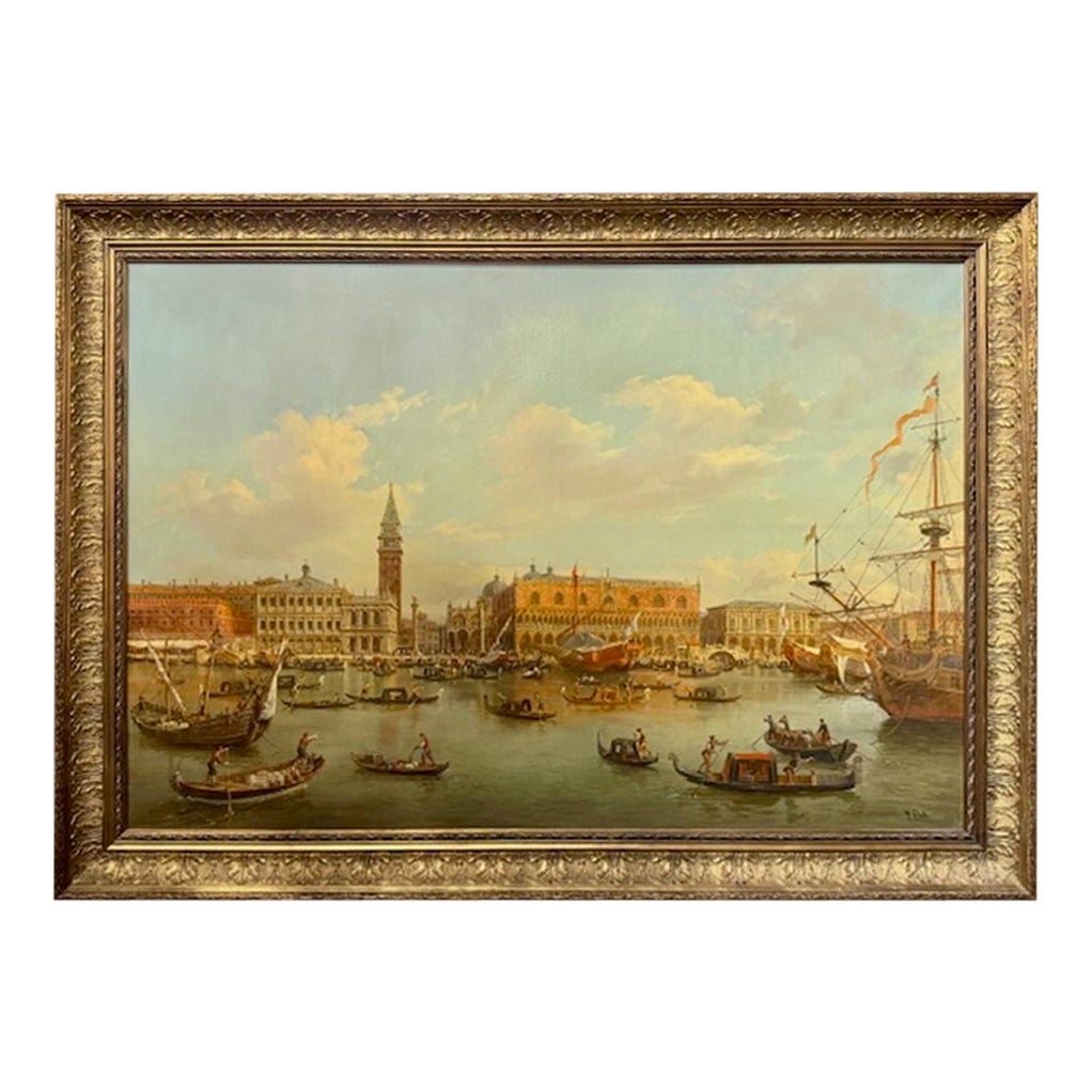 Antico dipinto ad olio su tela di un porto veneziano