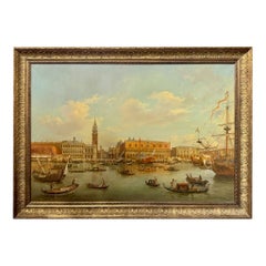Antico dipinto ad olio su tela di un porto veneziano